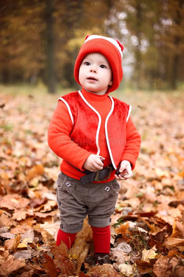 Little Boy in a Suit with a Pumpkin Gnome in Autumn Park Stock Image