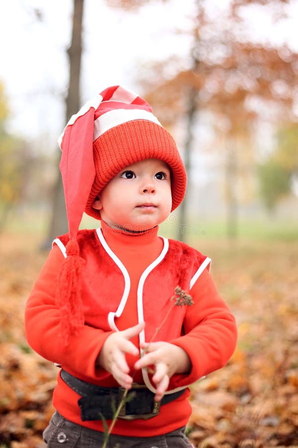 Little Boy in a Suit with a Pumpkin Gnome in Autumn Park Stock Image