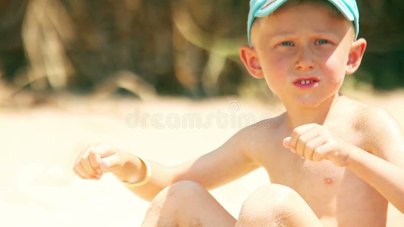 Little Boy Sunny Beach Portrait Stock Video - Video of happiness