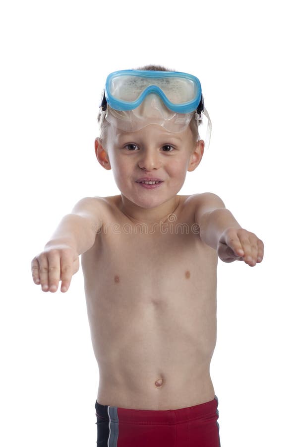 Little Boy in Swimming Clothes with Mask Stock Photo Image of white