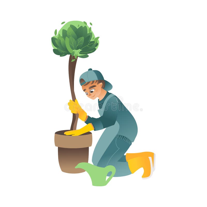 A Little Boy or Teenager Plants, Waters or Cares for a Green Tree in a Flat  Cartoon Style. Stock Vector - Illustration of planting, little: 147060549