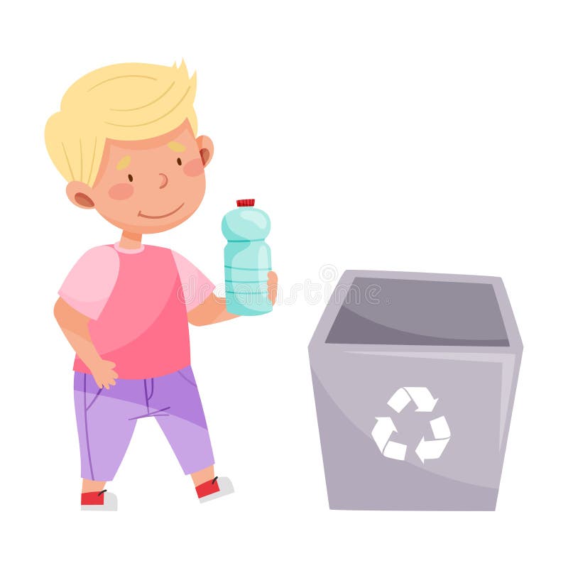 Little Boy Throwing Plastic Bottle in Trash Bin Vector Illustration