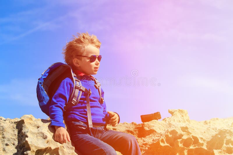 Little Boy Travel in Mountains Stock Photo Image of activity, cliff