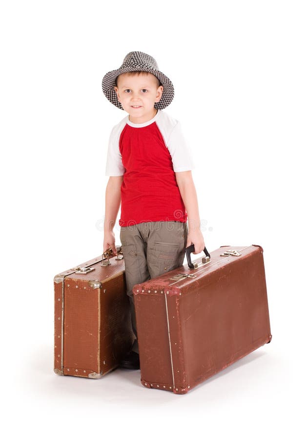 Little Boy with Two Road Suitcases. Stock Photo Image of trousers