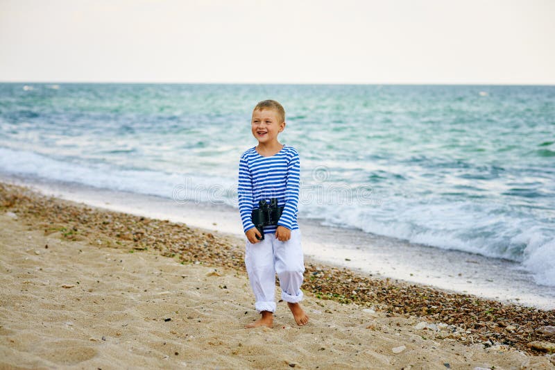 The Little Boy in the Vest with Binoculars Stock Image Image of