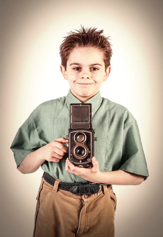 Little Boy with a Vintage Camera Stock Image Image of male, camera
