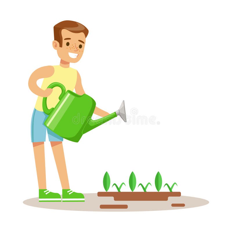 Little Boy Watering Garden Plant WIth Watering Can, Part Of Grandparents Having Fun With Grandchildren Series