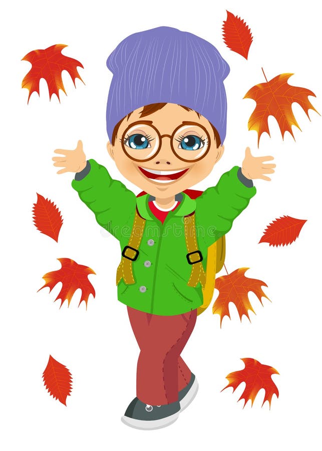 Little Boy Wearing Knitted Hat Playing with Autumn Leaves Stock Vector ...