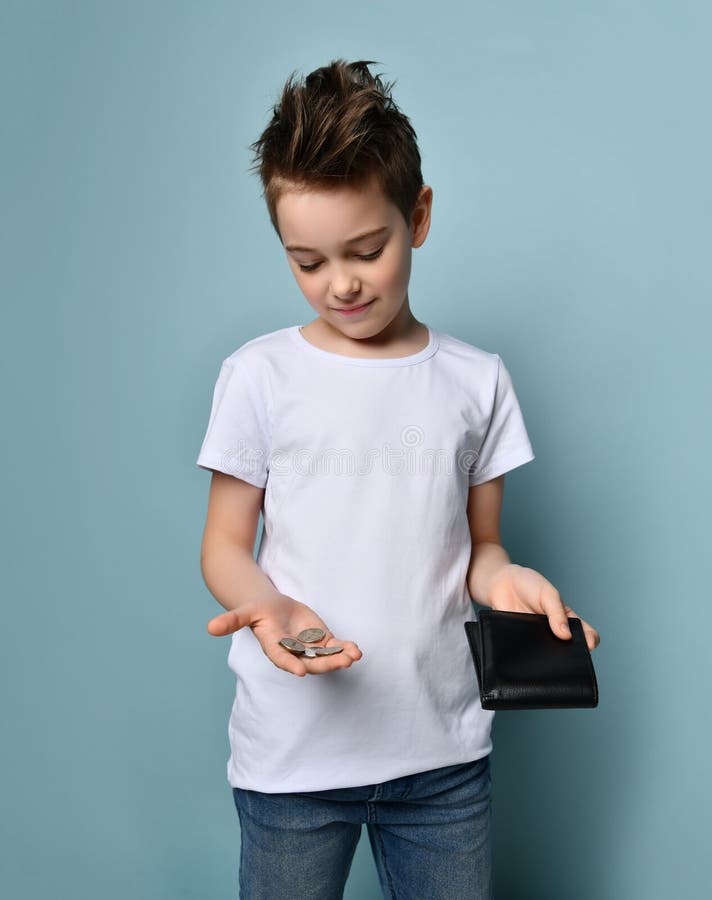 Little Boy In White T Shirt Showing Empty Wallet And Coins On Pastel Blue Background Nothing To Pay For Housing No Money Concept Stock Photo Image Of Finance Bankruptcy