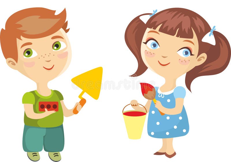 Little Builders. Kids Construction Childrens Making Some Work in Yellow