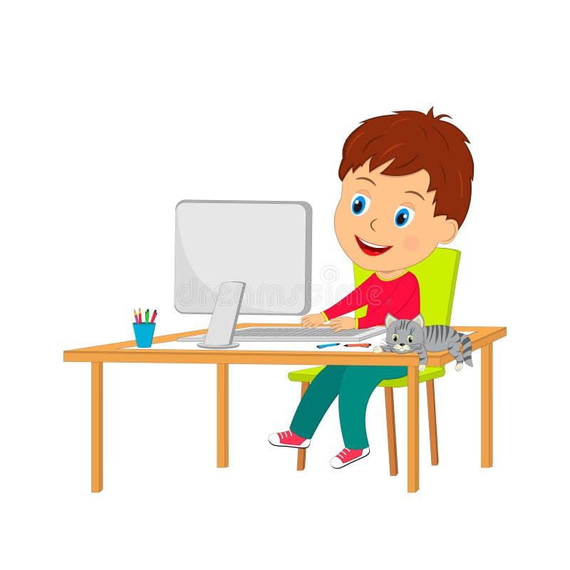 Little Cartoon Boy Using Computer Stock Vector - Illustration of ...