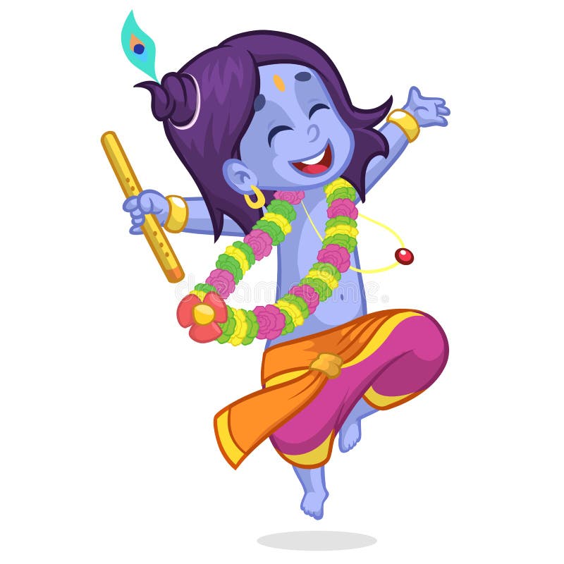 Little Cartoon Krishna with Eyes Closed Dancing with a Flute. Greeting Card  for Krishna Birthday Stock Vector - Illustration of background,  janmashtami: 73955146