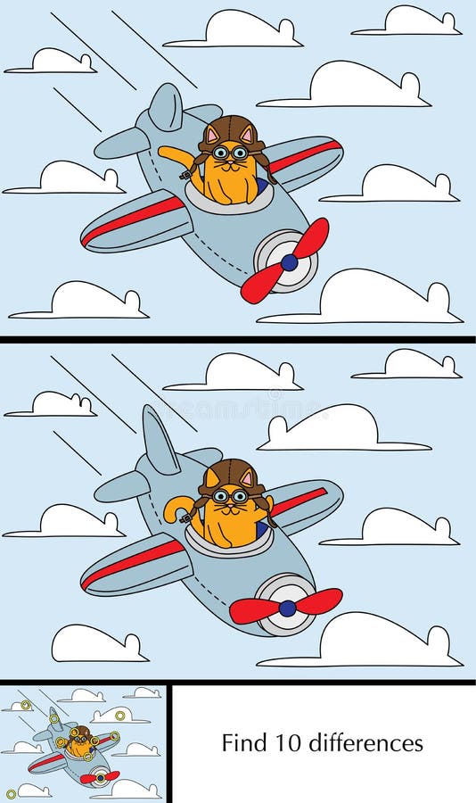 Educational game for preschool kids - finding differences - cartoon illustration of a cat in airplane with a solution. Educational game for preschool kids - finding differences - cartoon illustration of a cat in airplane with a solution