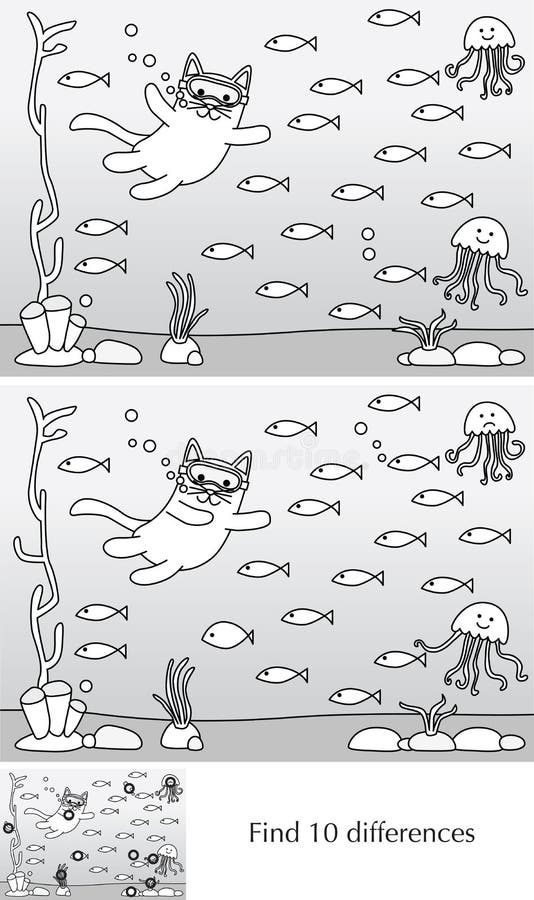 Educational game for preschool kids - finding 10 differences - cartoon illustration of little cat diving with a solution in black and white. Educational game for preschool kids - finding 10 differences - cartoon illustration of little cat diving with a solution in black and white