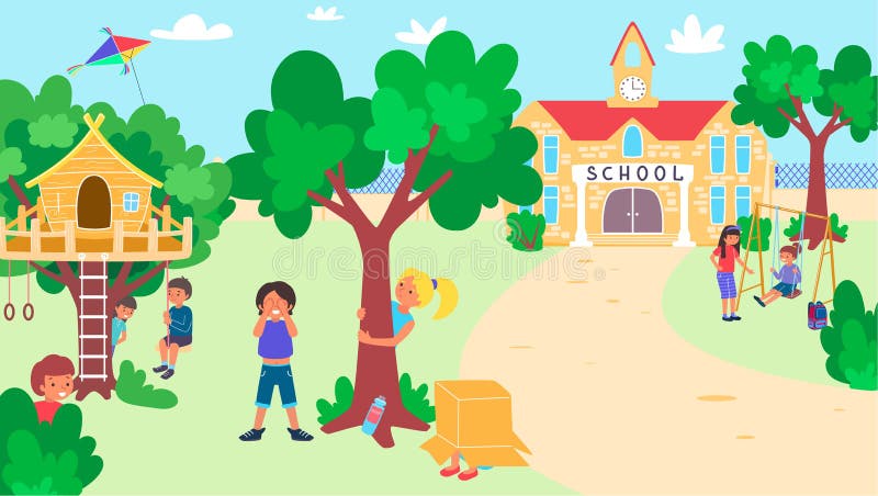 Little Cheerful Children Playing Schoolyard, Kid Character Together Funny  Time Spent Playground Green Park Flat Vector Stock Vector - Illustration of  little, house: 216874969