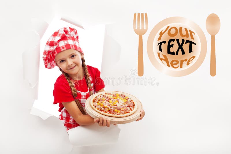 Little chef offering you a fresh pizza stock image Little chef offering you a fresh pizza stock image