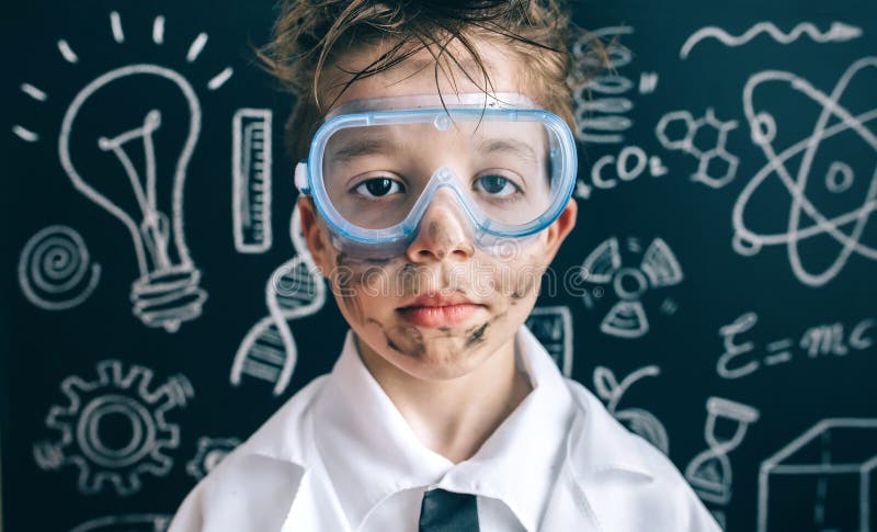 Close up of serious scientist boy with glasses and dirty face looking at camera against of chalkboard with drawings. Close up of serious scientist boy with glasses and dirty face looking at camera against of chalkboard with drawings