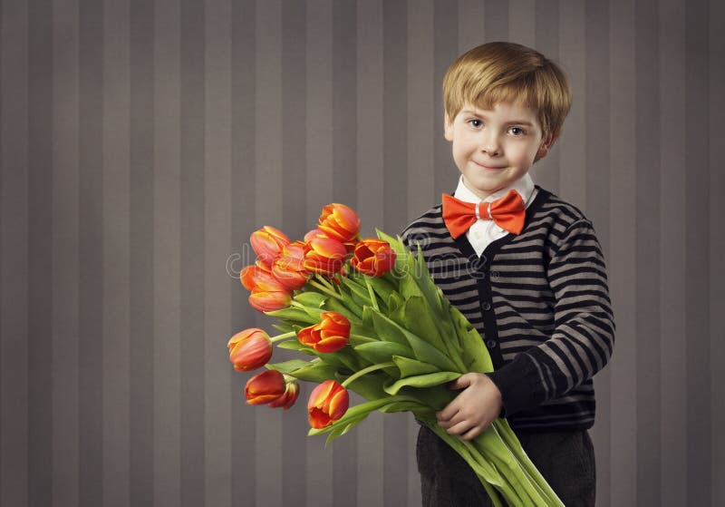 Little Child Boy Giving Flowers Bouquet, Handsome Kid Greeting Red Tulips Bunch, Retro Style Celebration, Looking at Camera