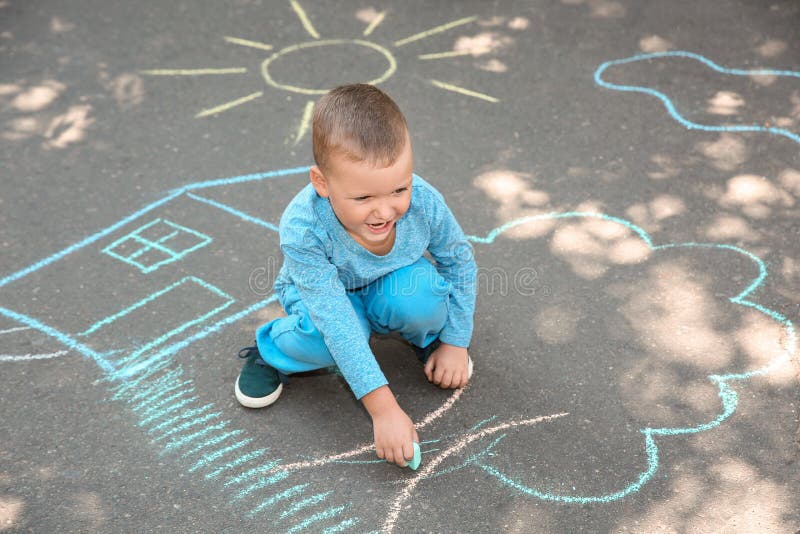 Little Child Drawing with Colorful Chalk Stock Photo - Image of detail ...