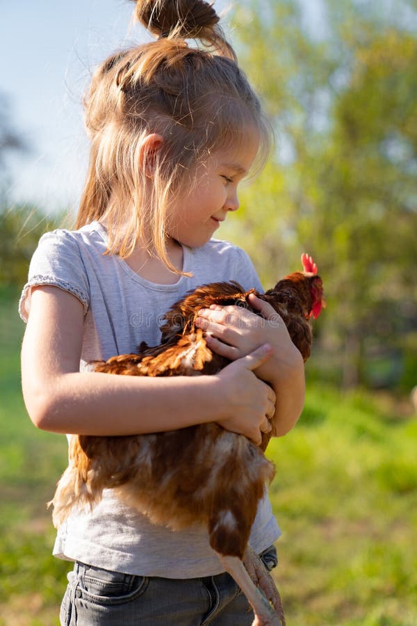 Little Child Girl is Holding the Hen on the Farm. Stock Photo - Image ...