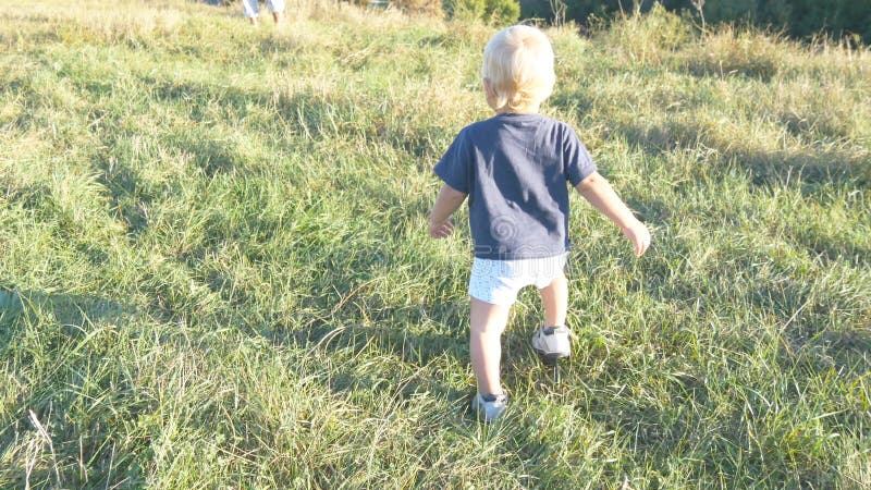 Little child goes on green grass at the field to his father at sunny day. Happy family on a summer meadow. Baby boy walking to his daddy outdoor. Toddler learning to walk. Rear back view. Close up