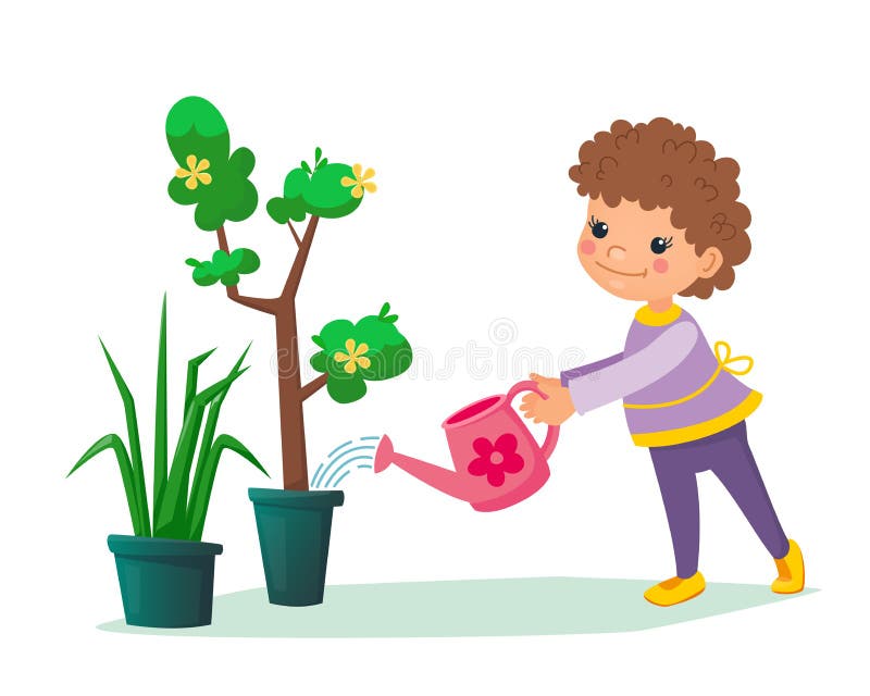 Little child holding a water can in his hands and watering tree with flowers in the pot. Boy or girl taking care about