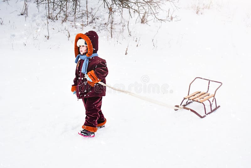 Little child pulling a sled in the snow. The kid is riding on a sleigh. Children play outside in the snow, children ride. Outdoor fun for family Christmas vacations