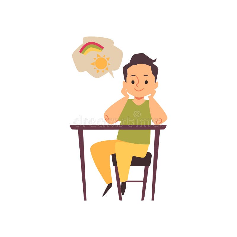 Little child thinking and dreaming at table, flat vector illustration isolated. stock illustration