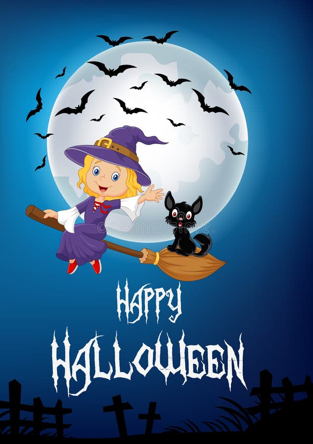 Little children and ghost fly with broom over full moon background