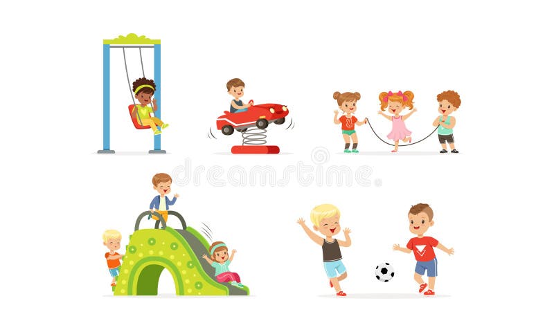 Little Children Playing at Playground Vector Illustrations Set. Careless Childhood Concept