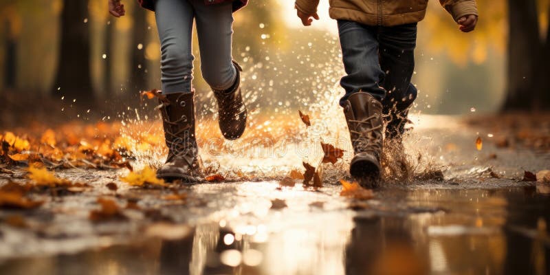 Little children run through puddles on sunny autumn day. Generative AI