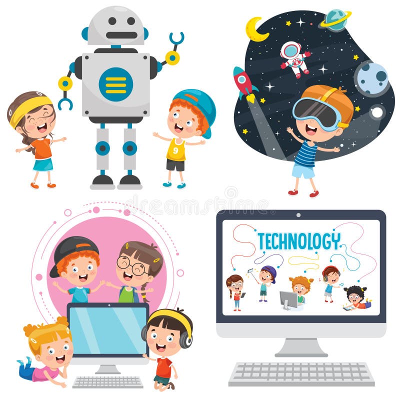 Little Children Using Technology Devices stock illustration