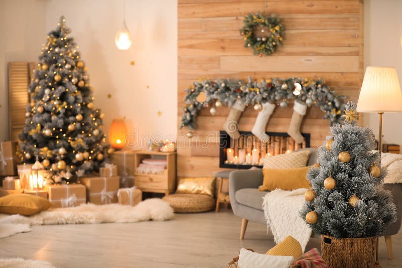 Little Christmas Tree in Living Room Interior Stock Image - Image of ...