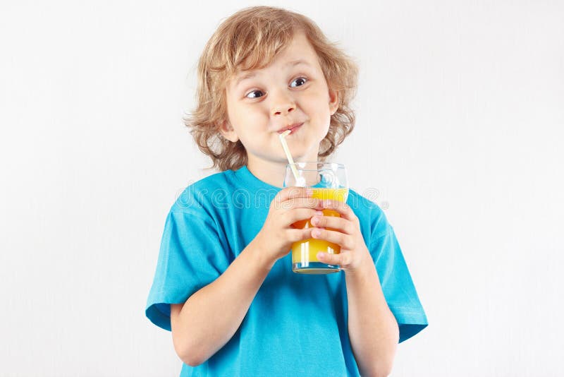 Little Cut Child Drinking a Fresh Citrus Juice on White Background ...