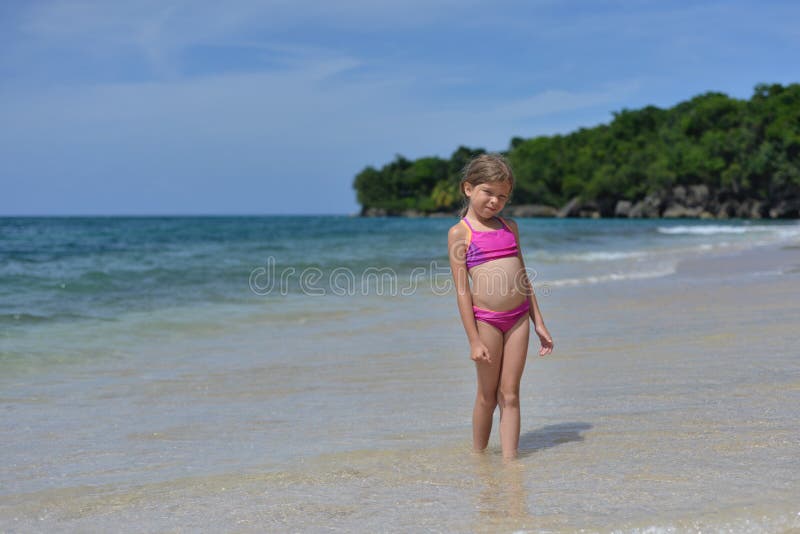 Little Cute Blonde Caucasian Girl is on the Tropical Beach in Caribbean.  Stock Photo - Image of beautiful, little: 110484308