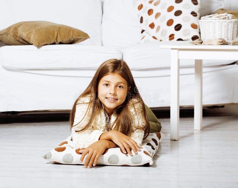 Little Cute Brunette Girl At Home Interior Happy Smiling Close U Stock 