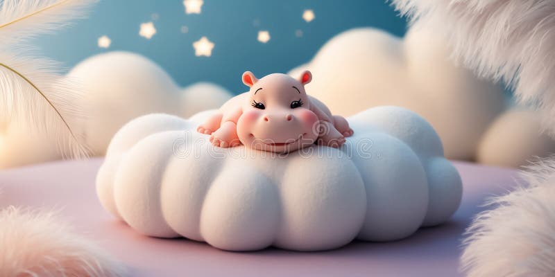 Little cute cartoon hippo sleeping a cloud decoration stock illustration