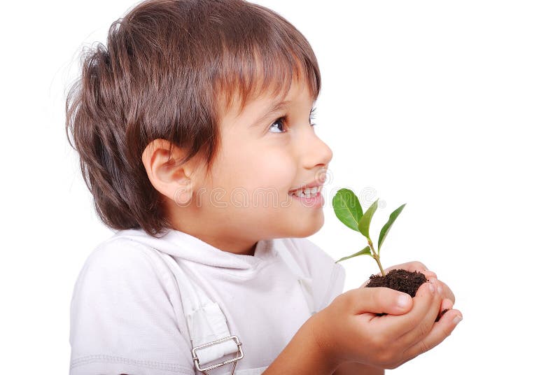 Little cute child holding green plant