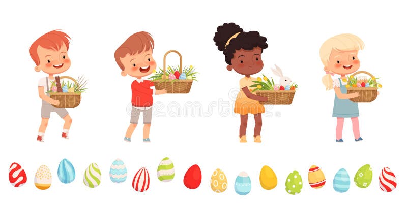 Little cute children carry Easter baskets with colored eggs and first flowers. Children`s game egg hunt. Spring Easter
