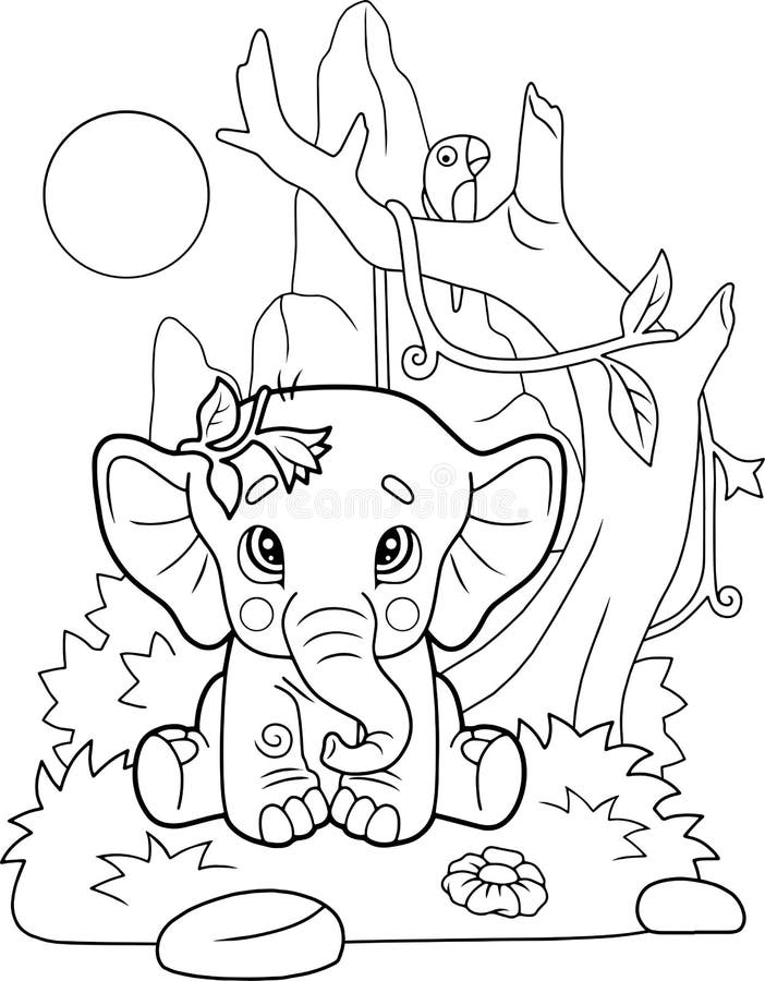 Download Little Cute Elephant Sits On Grass, Coloring Book, Funny ...