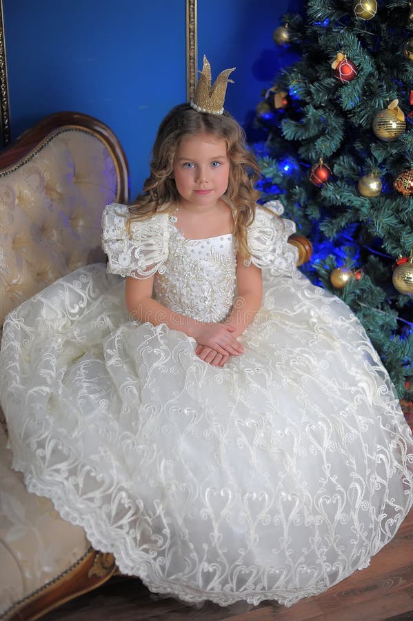 Little Cute Girl in White Dress Stock Image - Image of christmas, face ...