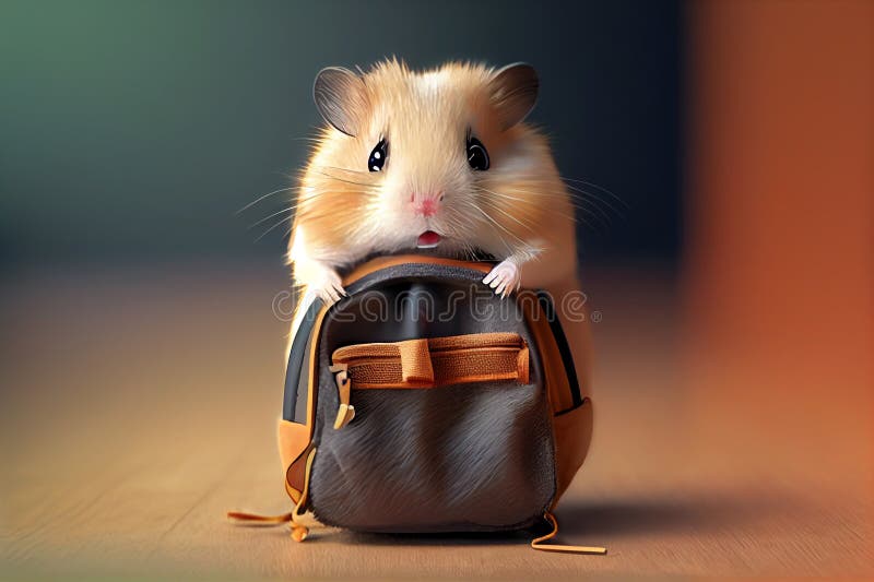 Little Cute Hamster Walks with a Bag Over His Shoulder. AI Generated