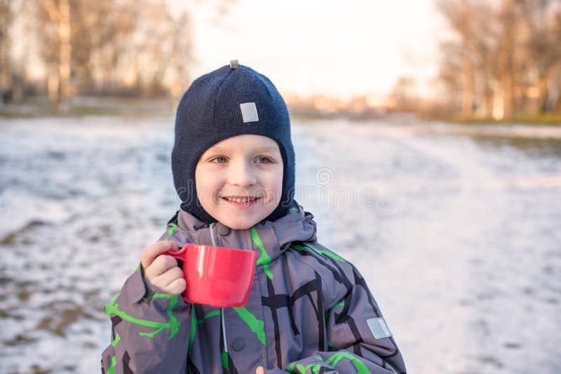Little Cute Kid Boy with Cup of Steaming Hot Chocolate or Children ...