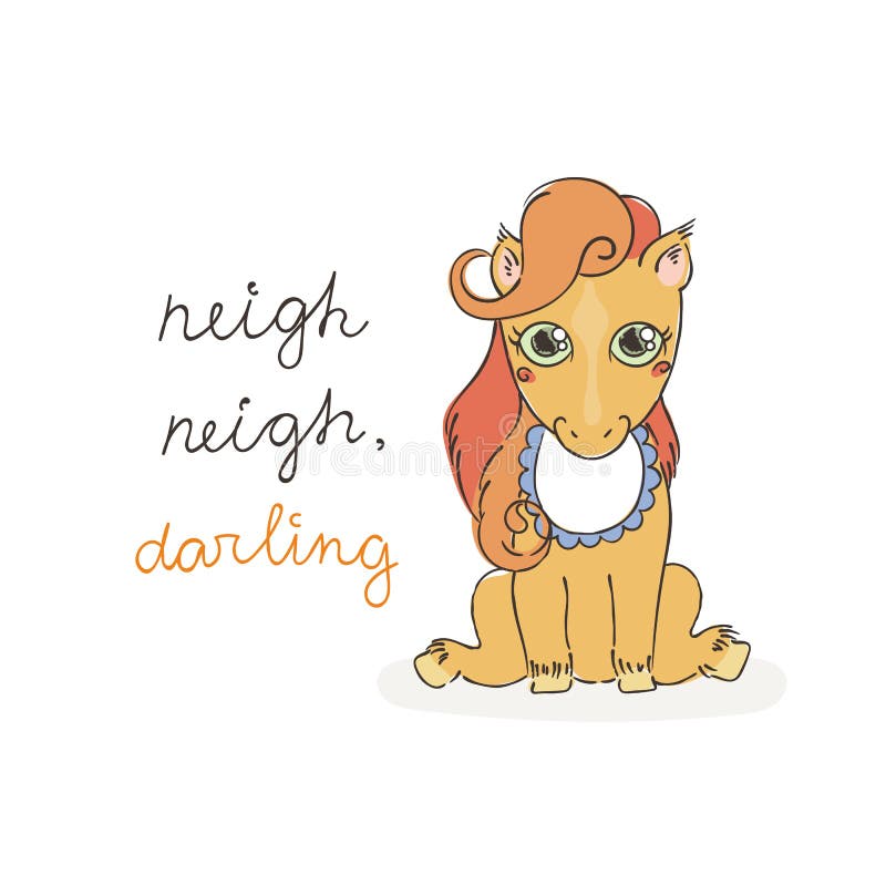 Little cute pony in a bib. Baby horse in a doodle style. Color or print page. vector illustration Little cute pony in a bib. Baby horse in a doodle style. Color or print page. vector illustration
