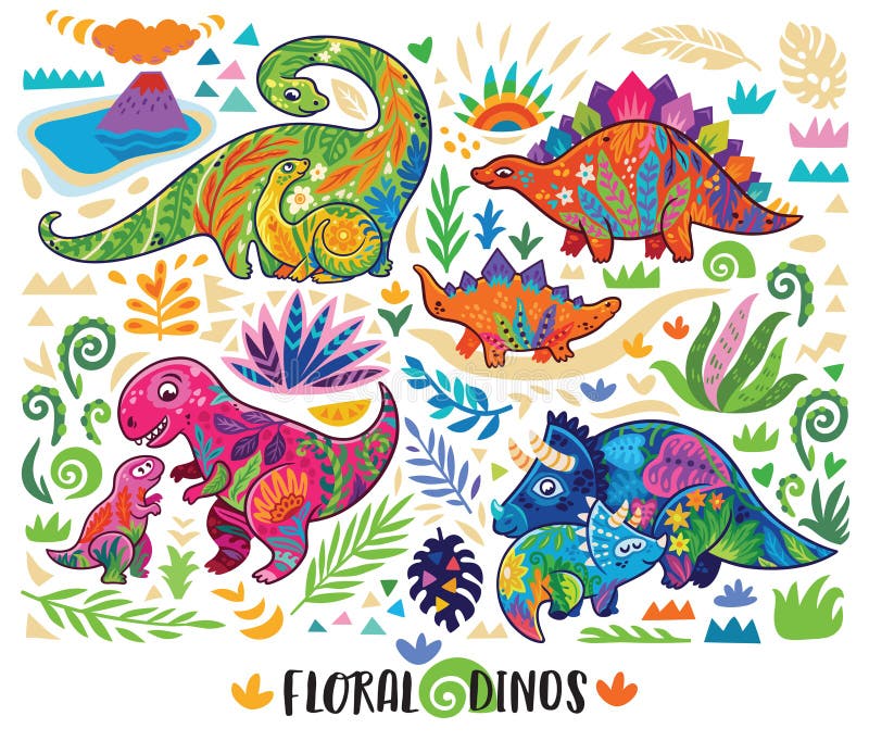 Triceratops, tyrannosaurus, brontosaurus and stegosaurus moms with babies decorated abstract tropical ornament. Vector illustration. Triceratops, tyrannosaurus, brontosaurus and stegosaurus moms with babies decorated abstract tropical ornament. Vector illustration