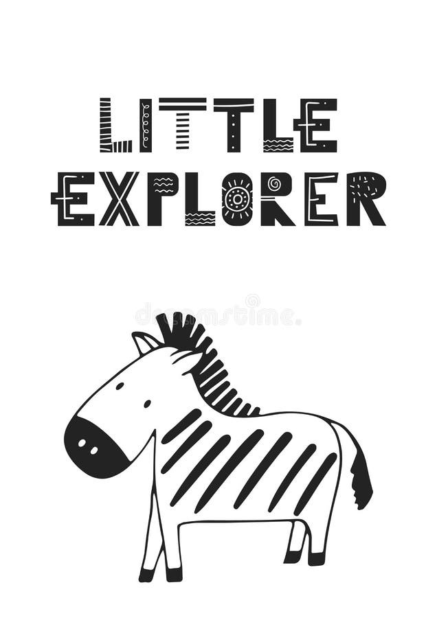 Little explorer - unique hand drawn nursery poster with hand drawn lettering in scandinavian style. Vector illustration.