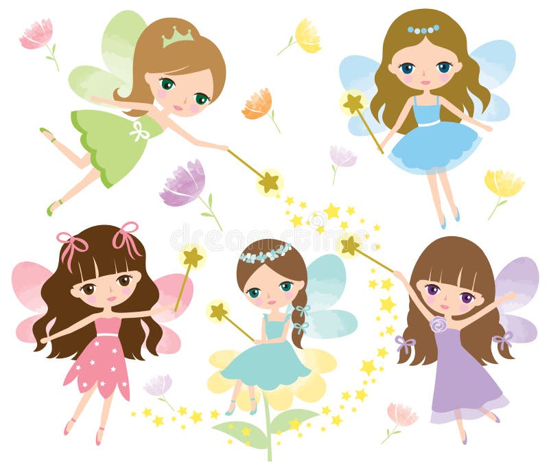 Little fairies in colorful dress with watercolor wings, magic wand and flowers Vector