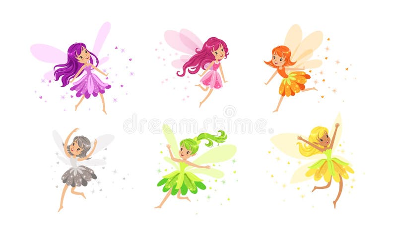 Little Fairies with Wings Set, Lovely Girls with Long Hair Dressed Pretty Colorful Dresses Cartoon Vector Illustration