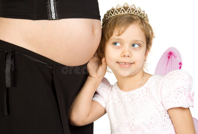 Little fairy listening tummy of pregnant women