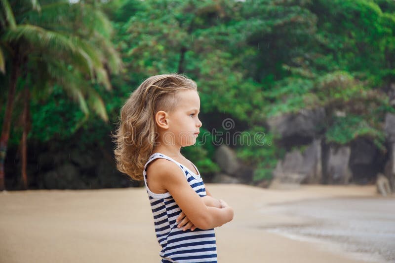 Little Five Years Old Boy is Watching on the Sea Stock Photo Image of